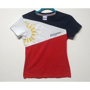 Womens Patriotic top T Shirt My Philippines Sz S Red White blue SUN MAP EUC